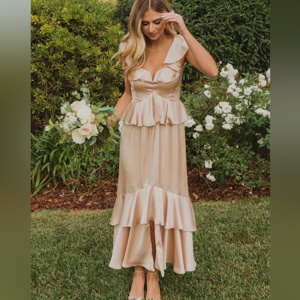 Show Me Your Mumu Reese Ruffle Dress Women Small Champagne Luxe Satin Front Slit